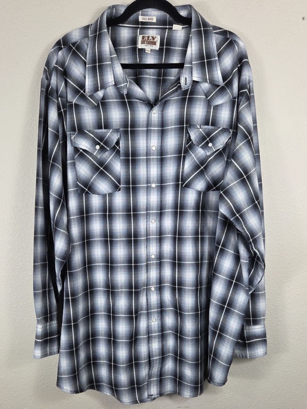 Ely Cattleman 4XLT Tall Man Western Pearl Snap Plaid Shirt Gray Long Sleeve
